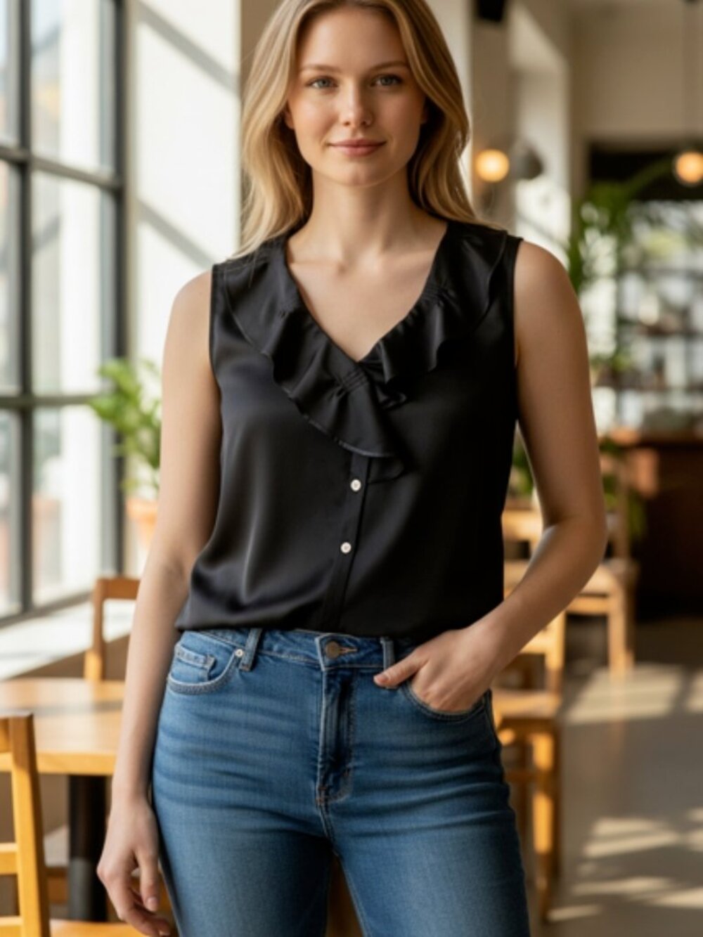 Theory Women’s Silk Ruffle Collar Blouse Black S Sleeveless